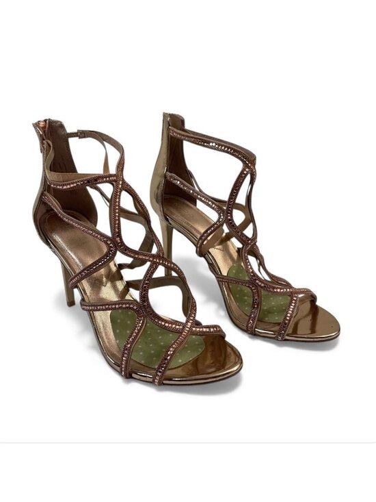 ALDO Strappy Metallic Gold Heeled Sandals With Rhinestone Accents Peep Toe - Picture 3 of 11